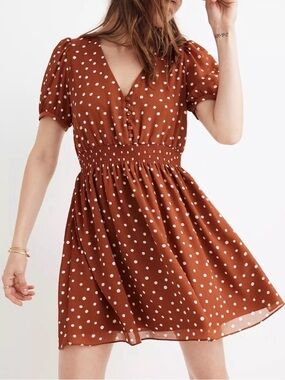 Madewell Polka Dot Smocked-Waist Mini Dress - Rust
